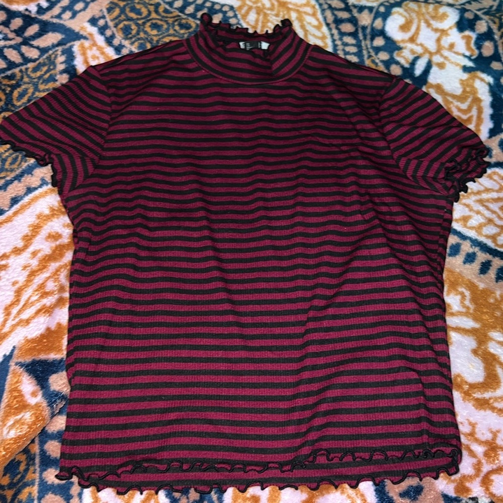 Maroon and black striped shirt with ruffled seams
